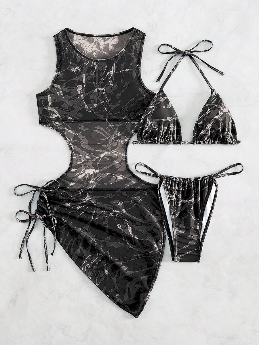 Women's 3-Piece Tie-Dye Bikini Set - Halter, Cover-Up Dress, Thongs, Green