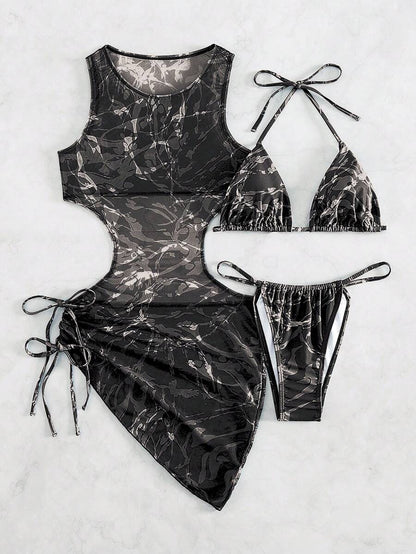 Women's 3-Piece Tie-Dye Bikini Set - Halter, Cover-Up Dress, Thongs, Green