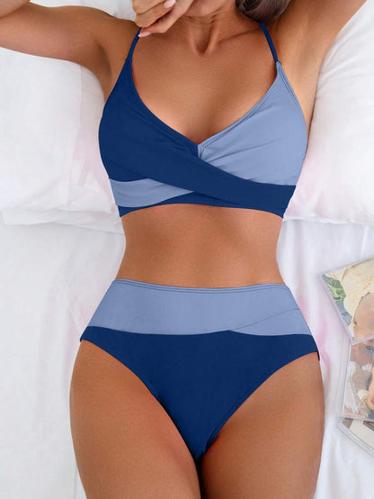 Women's 2-Piece Color-Block Bikini Set - Spaghetti Strap, Criss Cross, High Waist, Multicolor
