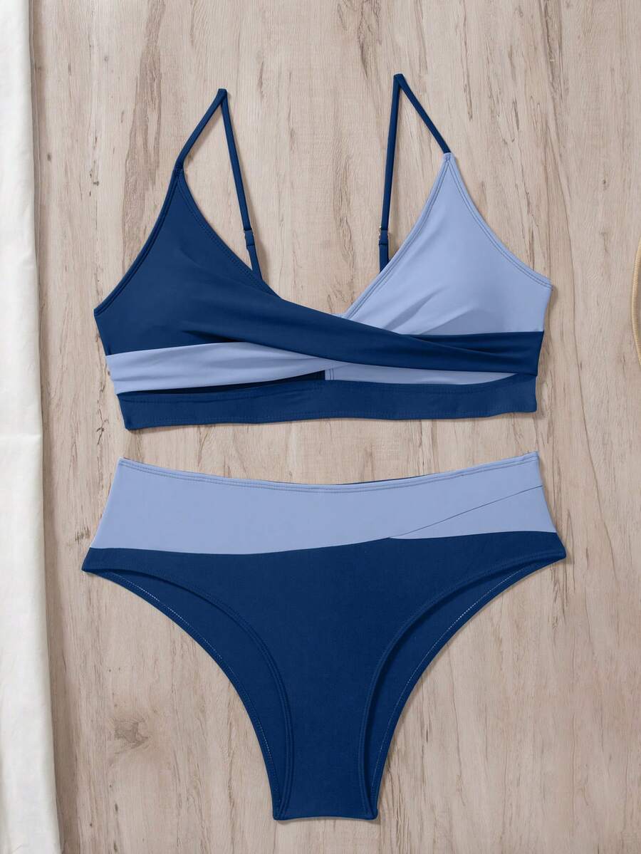 Women's 2-Piece Color-Block Bikini Set - Spaghetti Strap, Criss Cross, High Waist, Multicolor