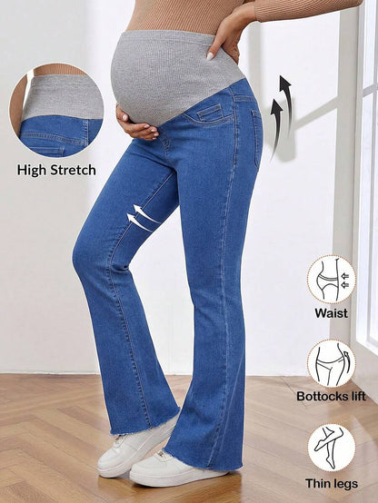 Royal Blue Maternity Flare Jeans – High-Stretch Supportive Elastic Waist Bell Bottoms for Work, Holiday, & Y2K Chic Streetwear