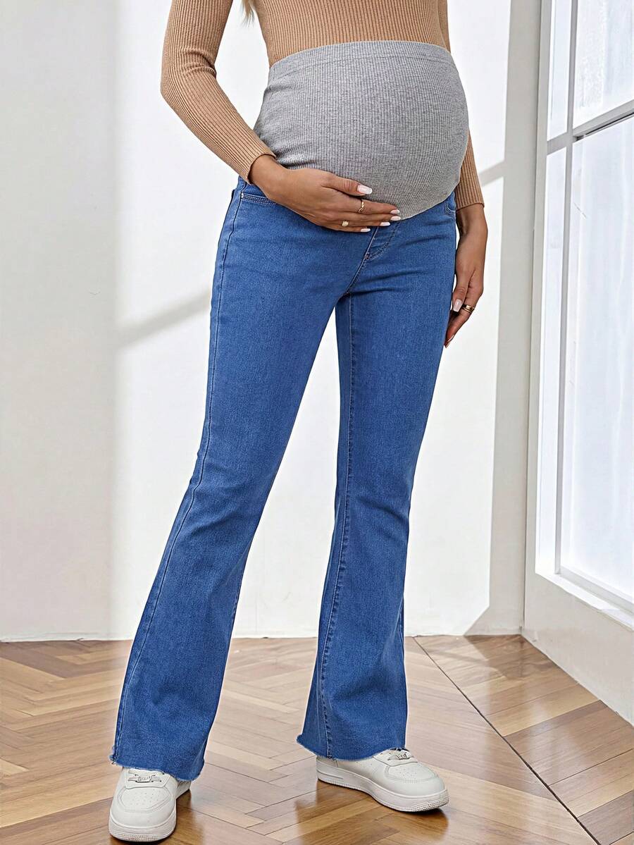 Royal Blue Maternity Flare Jeans – High-Stretch Supportive Elastic Waist Bell Bottoms for Work, Holiday, & Y2K Chic Streetwear
