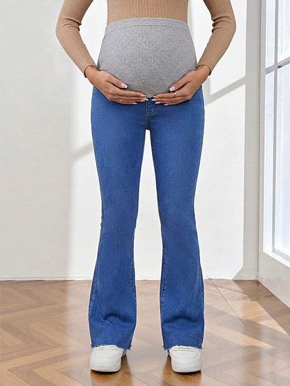 Royal Blue Maternity Flare Jeans – High-Stretch Supportive Elastic Waist Bell Bottoms for Work, Holiday, & Y2K Chic Streetwear