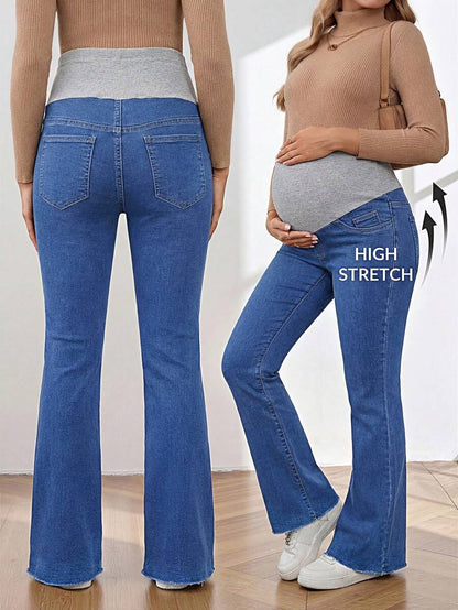 Royal Blue Maternity Flare Jeans – High-Stretch Supportive Elastic Waist Bell Bottoms for Work, Holiday, & Y2K Chic Streetwear