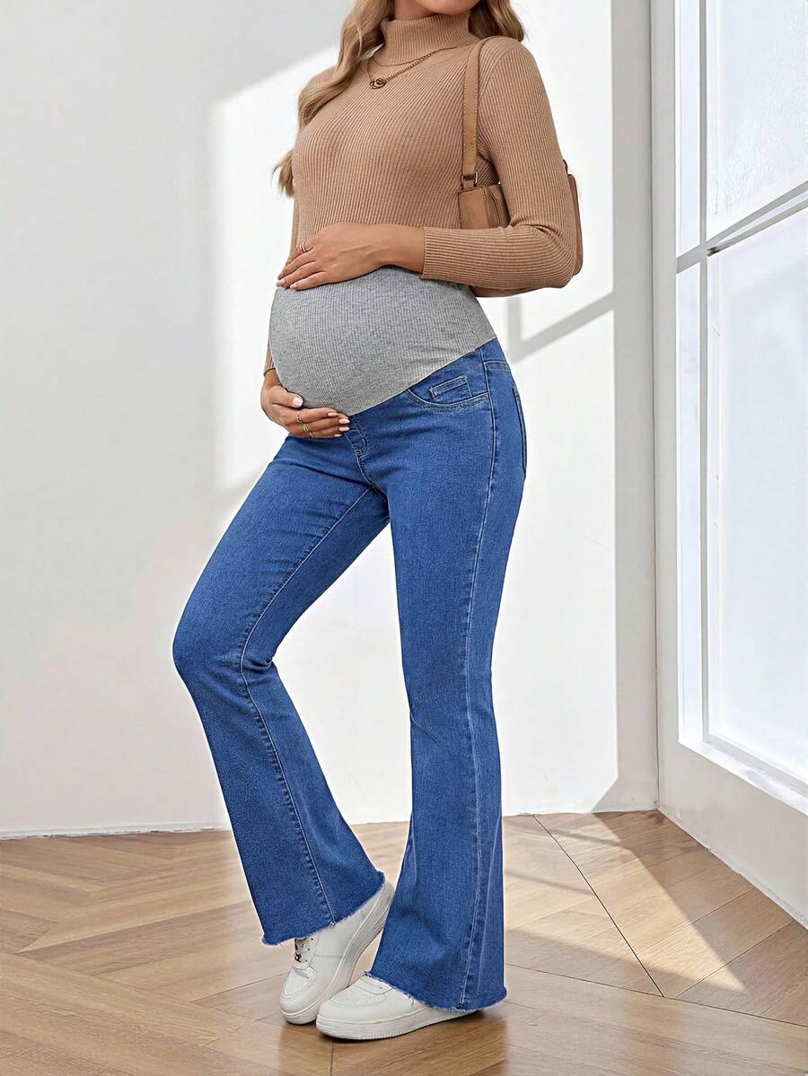 Royal Blue Maternity Flare Jeans – High-Stretch Supportive Elastic Waist Bell Bottoms for Work, Holiday, & Y2K Chic Streetwear