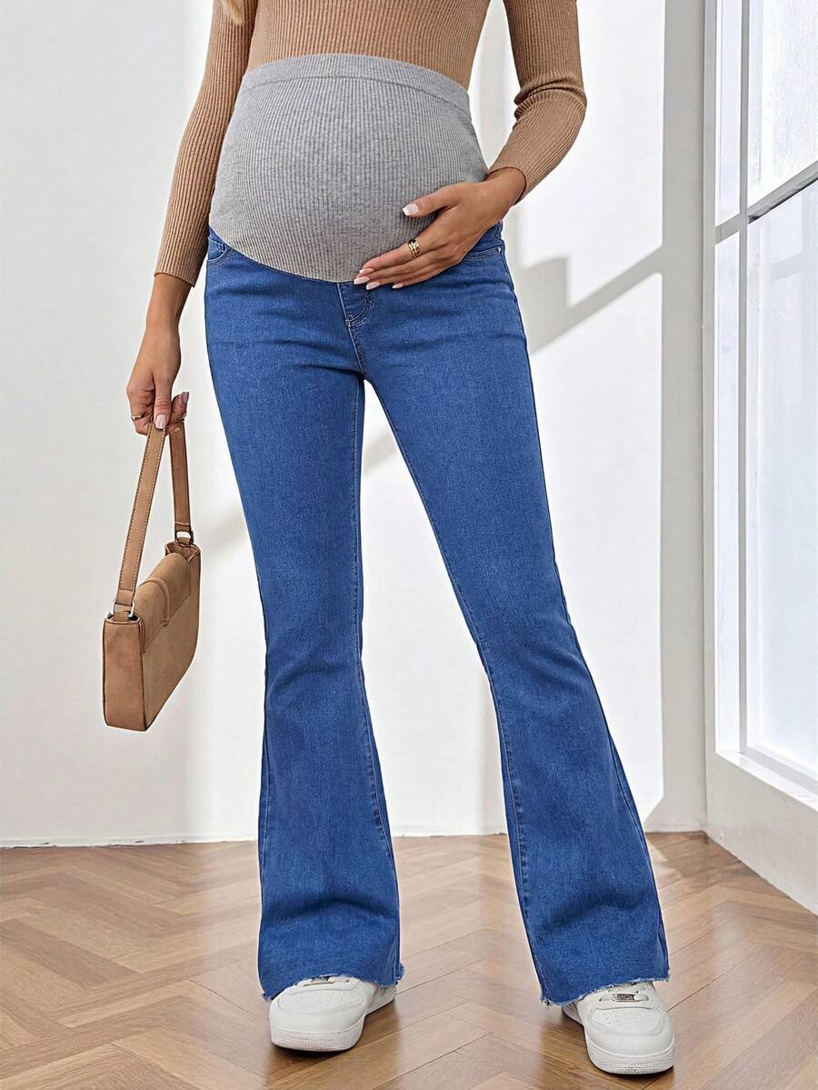 Royal Blue Maternity Flare Jeans – High-Stretch Supportive Elastic Waist Bell Bottoms for Work, Holiday, & Y2K Chic Streetwear