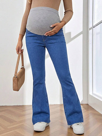 Royal Blue Maternity Flare Jeans – High-Stretch Supportive Elastic Waist Bell Bottoms for Work, Holiday, & Y2K Chic Streetwear