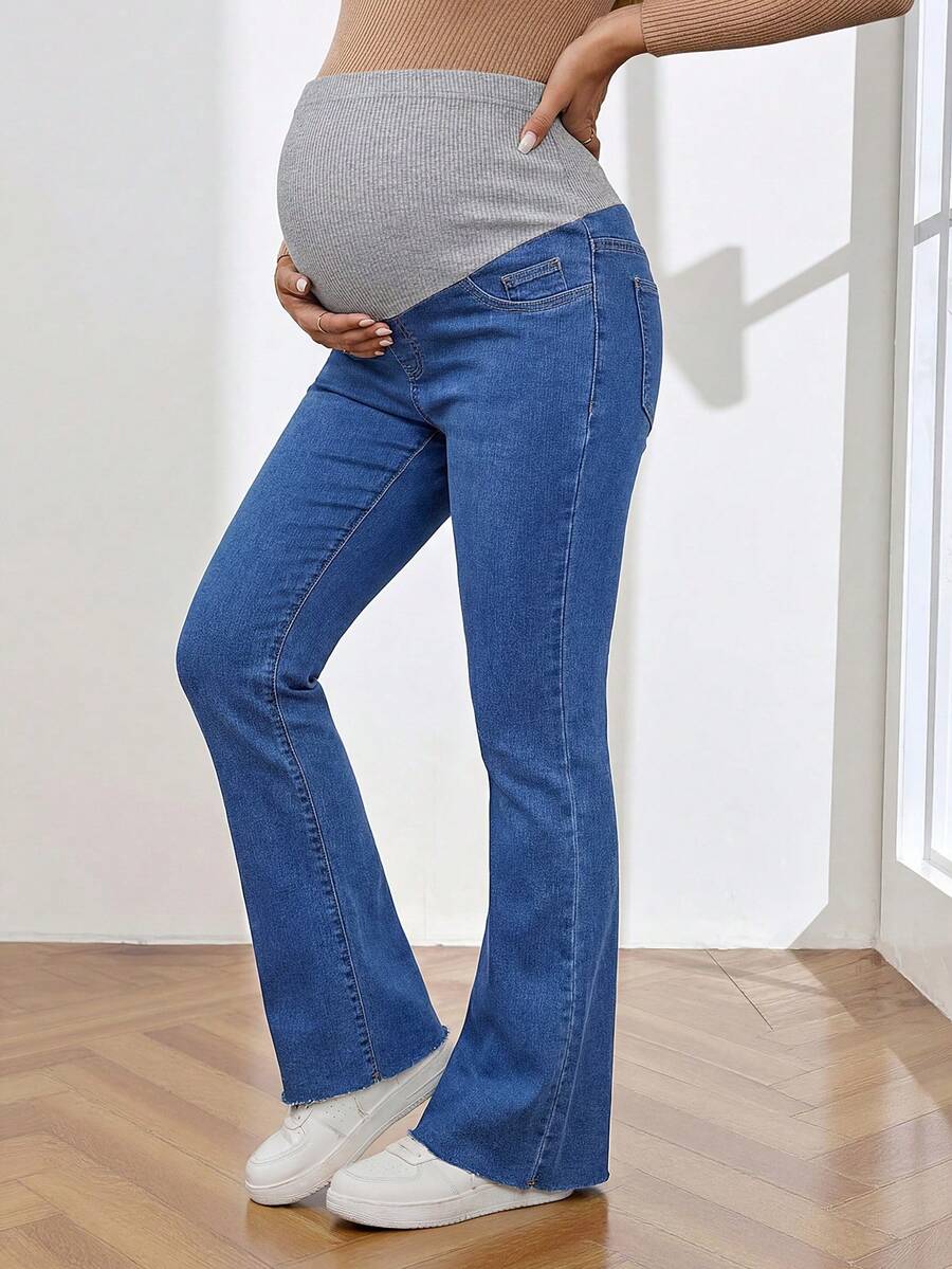 Royal Blue Maternity Flare Jeans – High-Stretch Supportive Elastic Waist Bell Bottoms for Work, Holiday, & Y2K Chic Streetwear