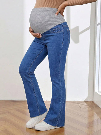 Royal Blue Maternity Flare Jeans – High-Stretch Supportive Elastic Waist Bell Bottoms for Work, Holiday, & Y2K Chic Streetwear