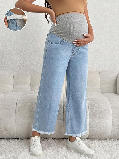 Maternity Denim Pants - Loose Fit, Elastic Waist, Cropped, White