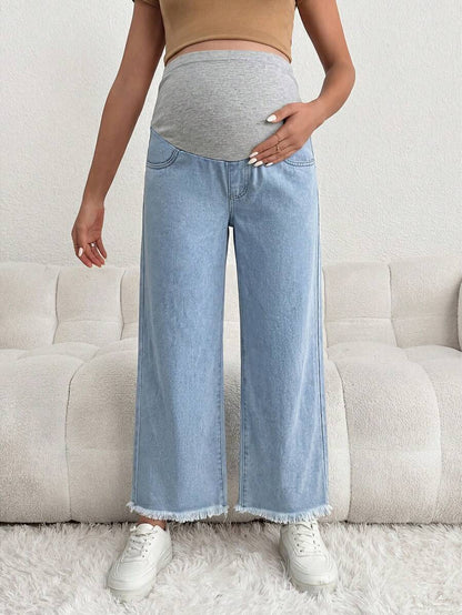 Maternity Denim Pants - Loose Fit, Elastic Waist, Cropped, White