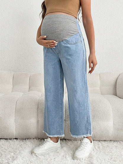 Brown Maternity Casual Loose Cropped Jeans with Elastic Waistband Patchwork and Pockets in 100% Cotton Denim