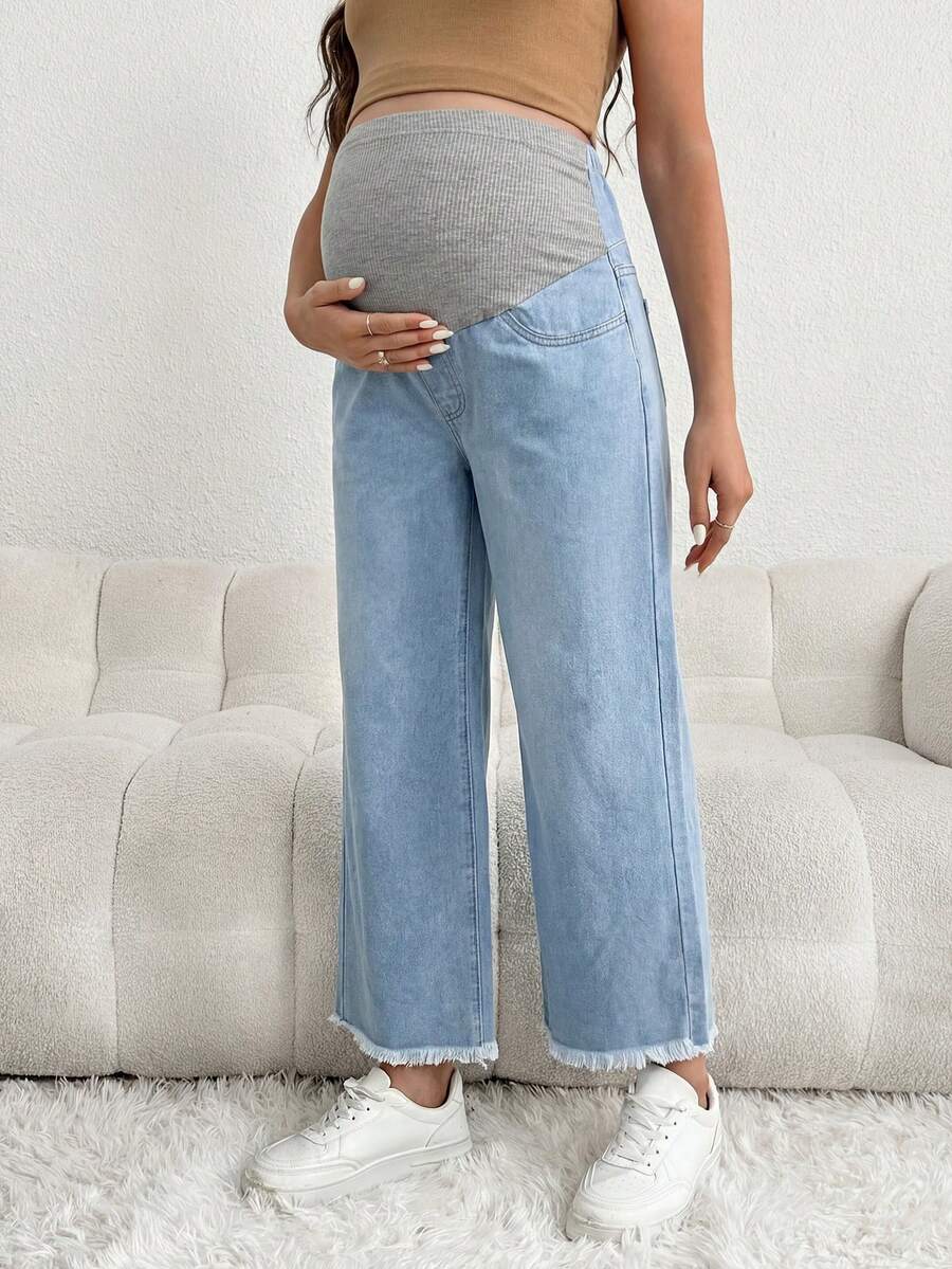 Brown Maternity Casual Loose Cropped Jeans with Elastic Waistband Patchwork and Pockets in 100% Cotton Denim