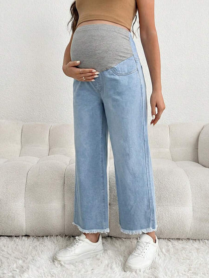 Maternity Denim Pants - Loose Fit, Elastic Waist, Cropped, White