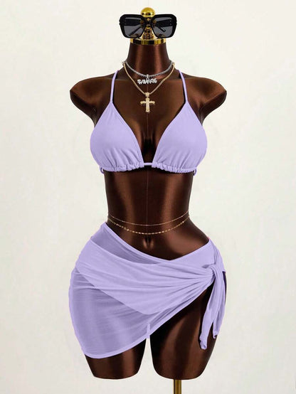 Women's 3-Piece Solid Halter Bikini Set - Knot Detail, Skirt Cover-Up, Triangle Cup, Red