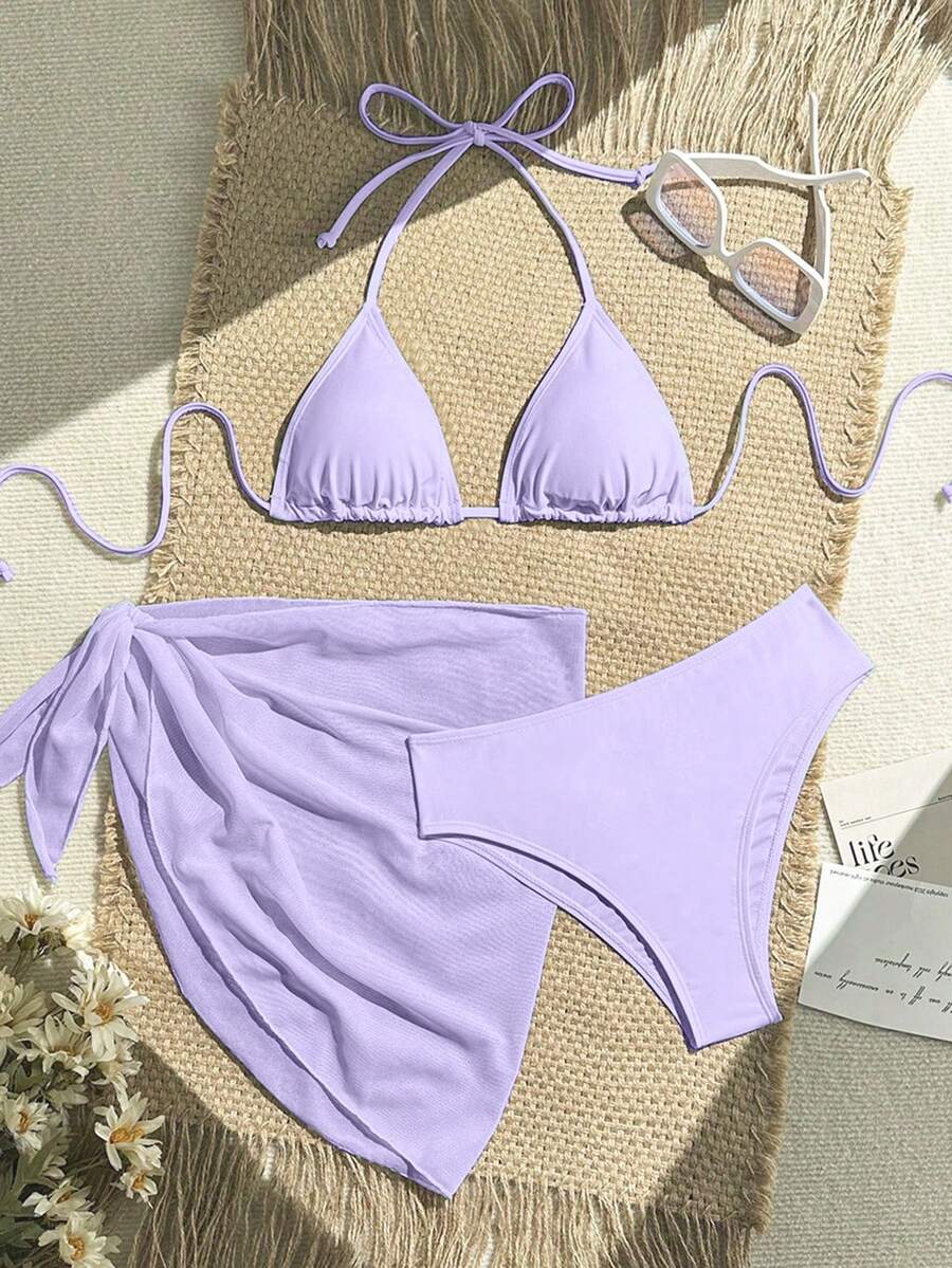 Women's 3-Piece Solid Halter Bikini Set - Knot Detail, Skirt Cover-Up, Triangle Cup, Red