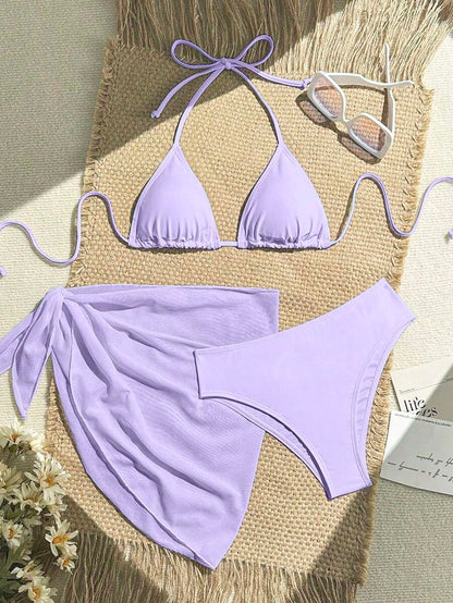 Women's 3-Piece Solid Halter Bikini Set - Knot Detail, Skirt Cover-Up, Triangle Cup, Red