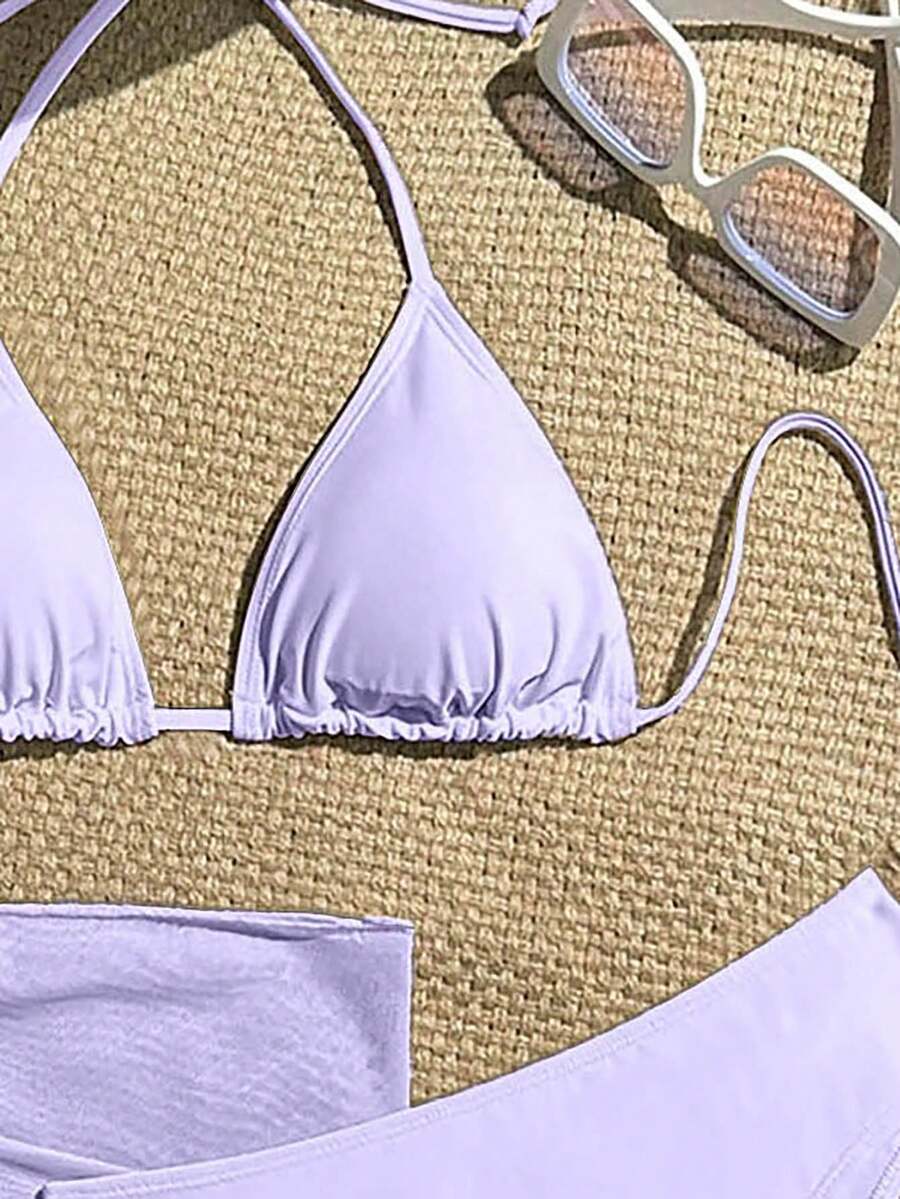 Women's 3-Piece Solid Halter Bikini Set - Knot Detail, Skirt Cover-Up, Triangle Cup, Red
