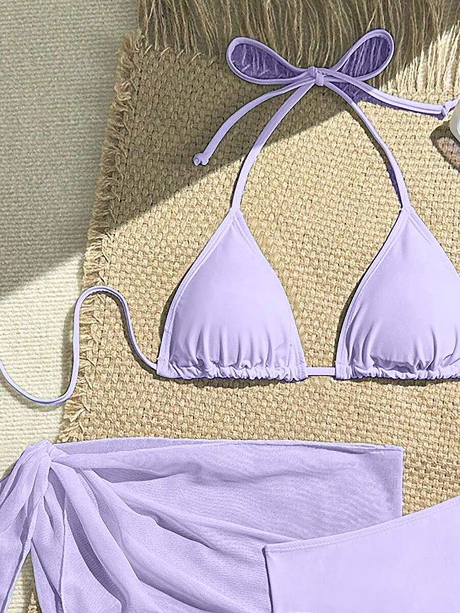 Women's 3-Piece Solid Halter Bikini Set - Knot Detail, Skirt Cover-Up, Triangle Cup, Red