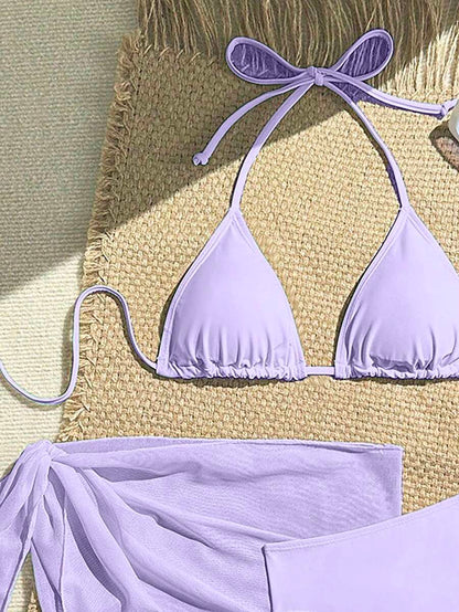 Women's 3-Piece Solid Halter Bikini Set - Knot Detail, Skirt Cover-Up, Triangle Cup, Red