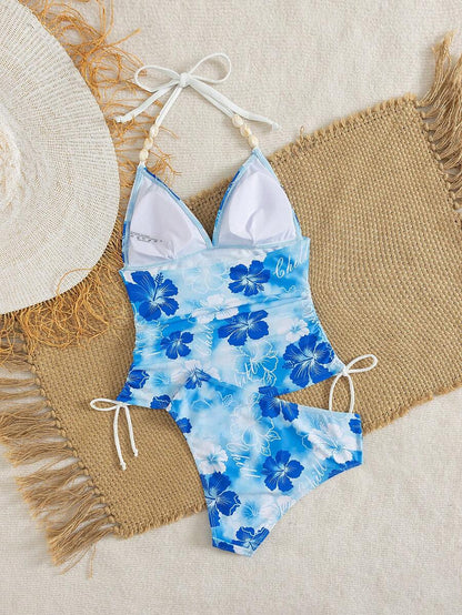 Swim Vcay Ladies Beach Music Festival Spring/Summer Flower Pattern Beaded Drawstring Ruched Neck Hanging Elegant Ladies Tankini Swimwear Two Pieces Set