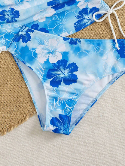 Swim Vcay Ladies Beach Music Festival Spring/Summer Flower Pattern Beaded Drawstring Ruched Neck Hanging Elegant Ladies Tankini Swimwear Two Pieces Set