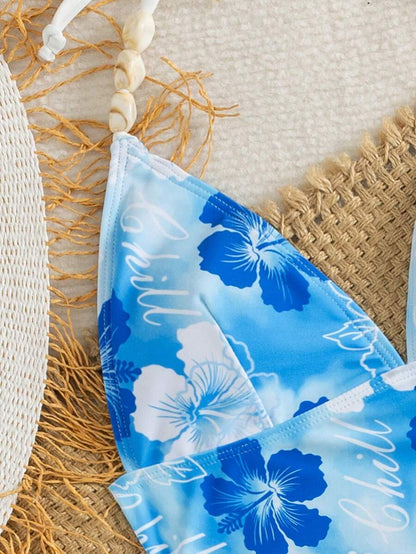 Swim Vcay Ladies Beach Music Festival Spring/Summer Flower Pattern Beaded Drawstring Ruched Neck Hanging Elegant Ladies Tankini Swimwear Two Pieces Set