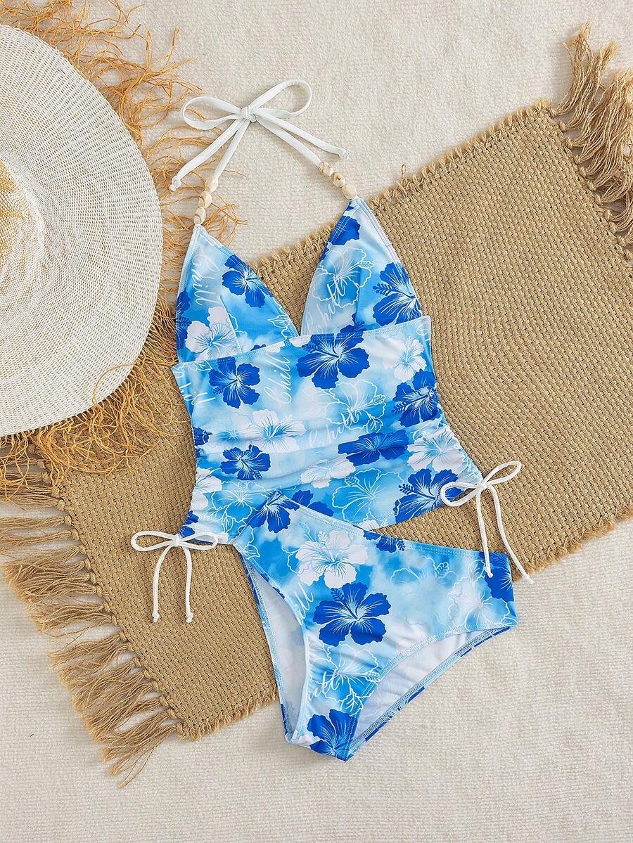 Swim Vcay Ladies Beach Music Festival Spring/Summer Flower Pattern Beaded Drawstring Ruched Neck Hanging Elegant Ladies Tankini Swimwear Two Pieces Set