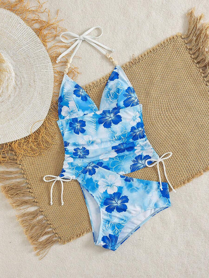 Swim Vcay Ladies Beach Music Festival Spring/Summer Flower Pattern Beaded Drawstring Ruched Neck Hanging Elegant Ladies Tankini Swimwear Two Pieces Set