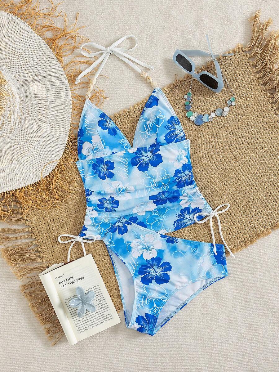 Swim Vcay Ladies Beach Music Festival Spring/Summer Flower Pattern Beaded Drawstring Ruched Neck Hanging Elegant Ladies Tankini Swimwear Two Pieces Set