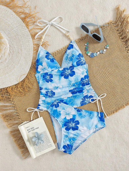 Swim Vcay Ladies Beach Music Festival Spring/Summer Flower Pattern Beaded Drawstring Ruched Neck Hanging Elegant Ladies Tankini Swimwear Two Pieces Set