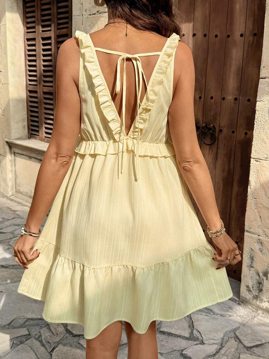 Maternity Light Yellow Deep V Neck Puff Sleeve Ruffle Trim A Line Short Dress for Beach and Summer Vacation