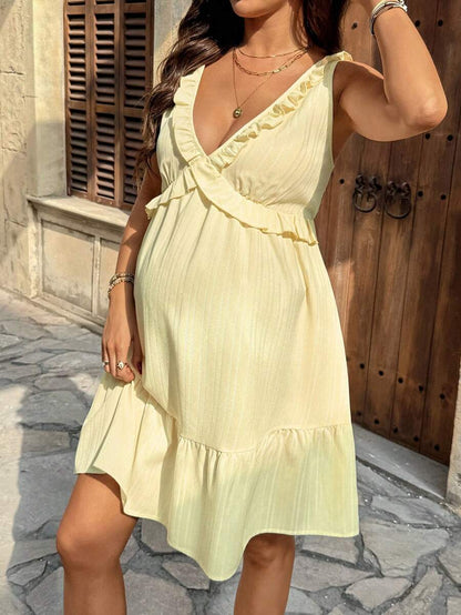 Maternity Light Yellow Deep V Neck Puff Sleeve Ruffle Trim A Line Short Dress for Beach and Summer Vacation