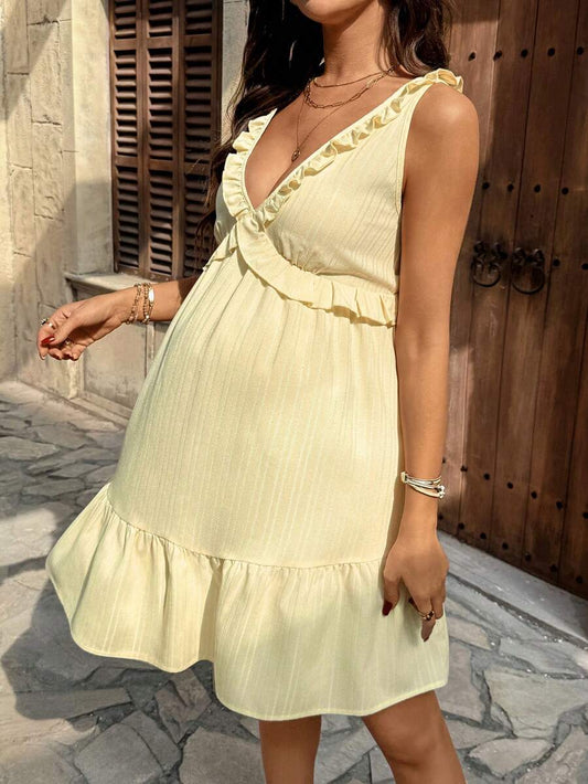 Maternity Light Yellow Deep V Neck Puff Sleeve Ruffle Trim A Line Short Dress for Beach and Summer Vacation