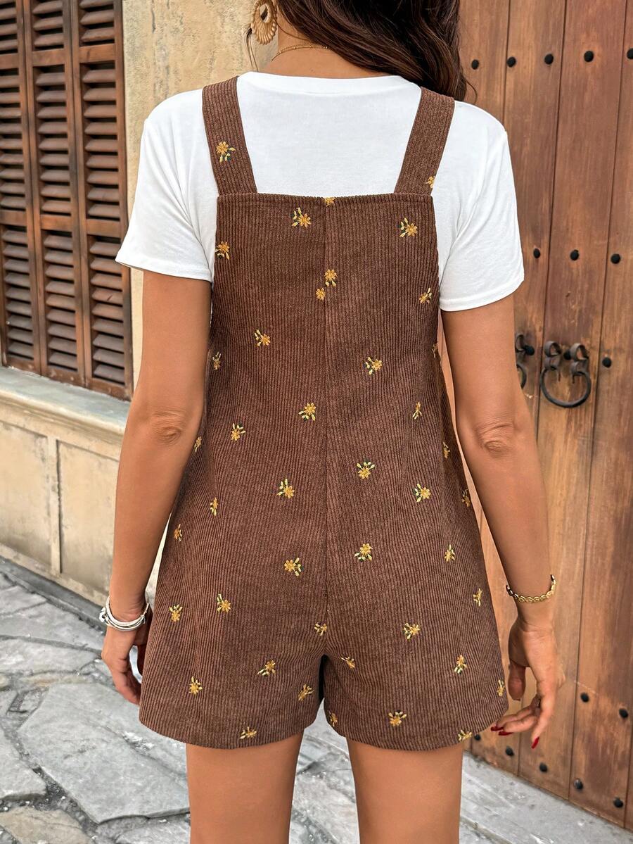 Apricot Floral Embroidered Corduroy Maternity Overalls – Minimalist Loose Fit Sleeveless Short Jumpsuit for Casual Home & Daily Wear
