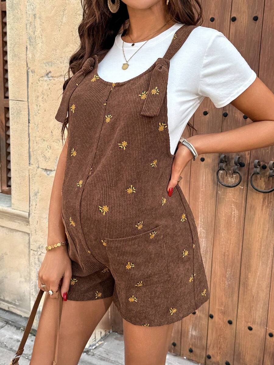 Apricot Floral Embroidered Corduroy Maternity Overalls – Minimalist Loose Fit Sleeveless Short Jumpsuit for Casual Home & Daily Wear