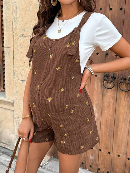 Apricot Floral Embroidered Corduroy Maternity Overalls – Minimalist Loose Fit Sleeveless Short Jumpsuit for Casual Home & Daily Wear