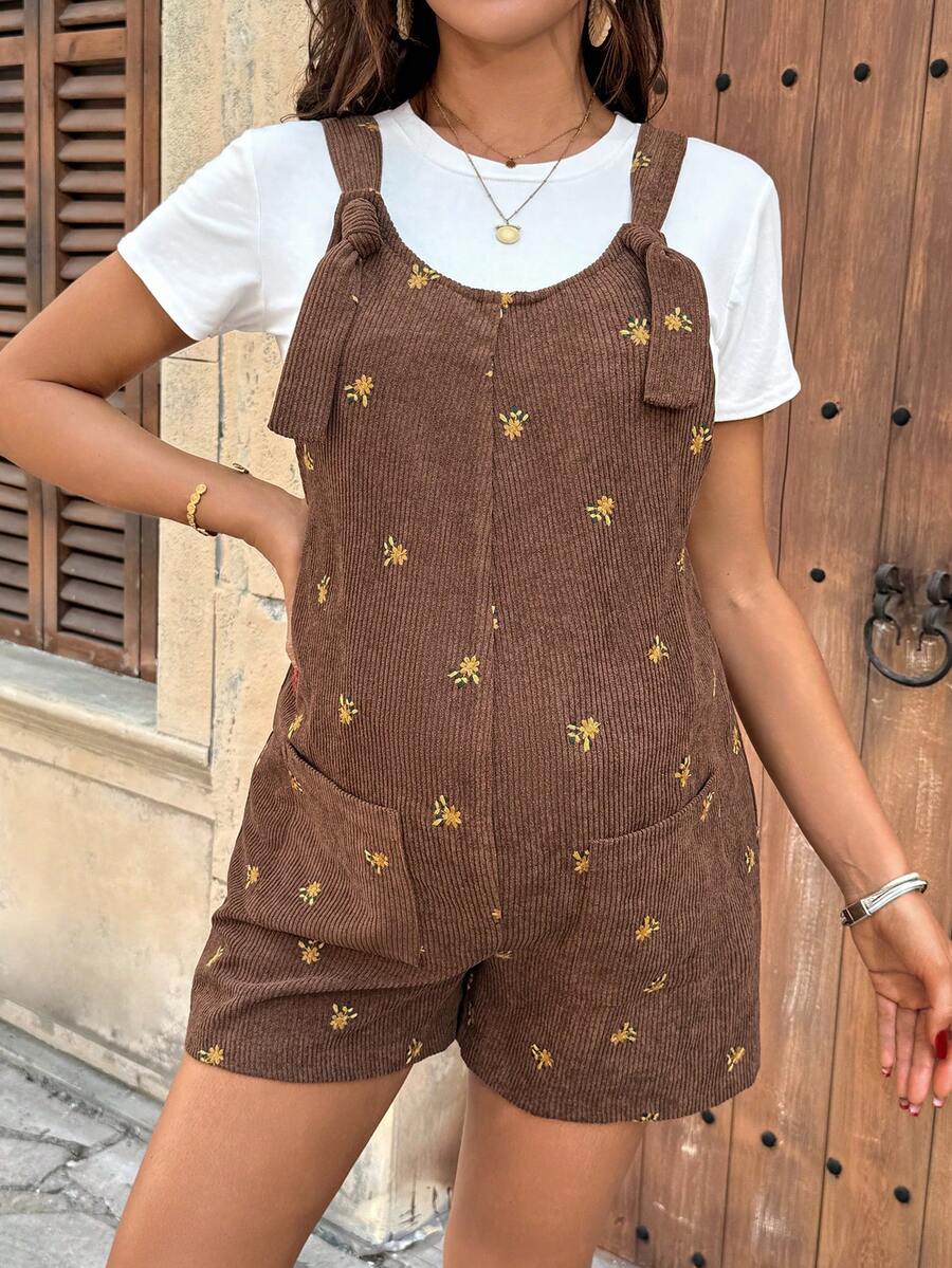 Apricot Floral Embroidered Corduroy Maternity Overalls – Minimalist Loose Fit Sleeveless Short Jumpsuit for Casual Home & Daily Wear