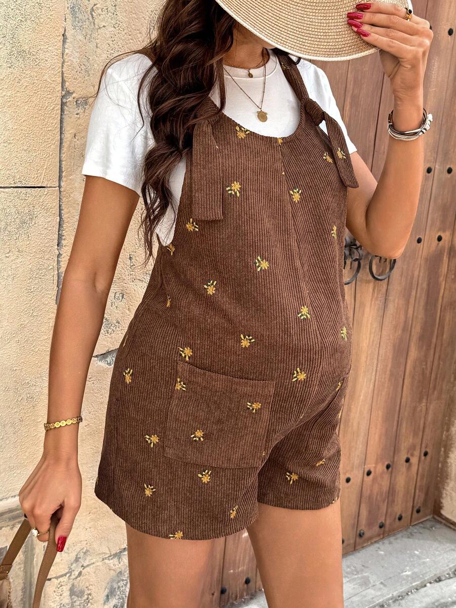 Apricot Floral Embroidered Corduroy Maternity Overalls – Minimalist Loose Fit Sleeveless Short Jumpsuit for Casual Home & Daily Wear