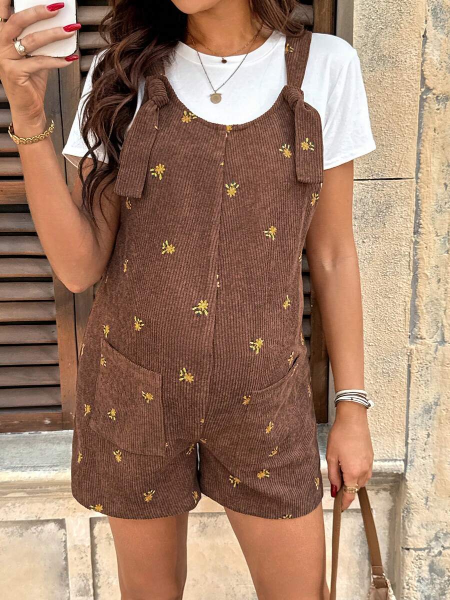 Apricot Floral Embroidered Corduroy Maternity Overalls – Minimalist Loose Fit Sleeveless Short Jumpsuit for Casual Home & Daily Wear