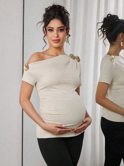 Maternity Rose Short Sleeve T-Shirt with Oblique Shoulder and Floral Embroidery Ruched Slim Fit Pregnancy Top in Apricot
