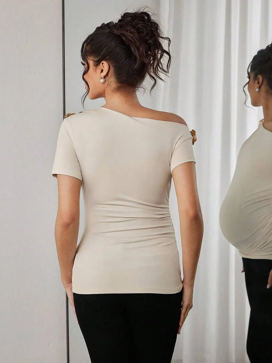 Maternity Rose Short Sleeve T-Shirt with Oblique Shoulder and Floral Embroidery Ruched Slim Fit Pregnancy Top in Apricot