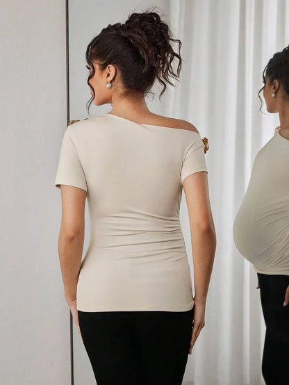 Maternity Rose Short Sleeve T-Shirt with Oblique Shoulder and Floral Embroidery Ruched Slim Fit Pregnancy Top in Apricot