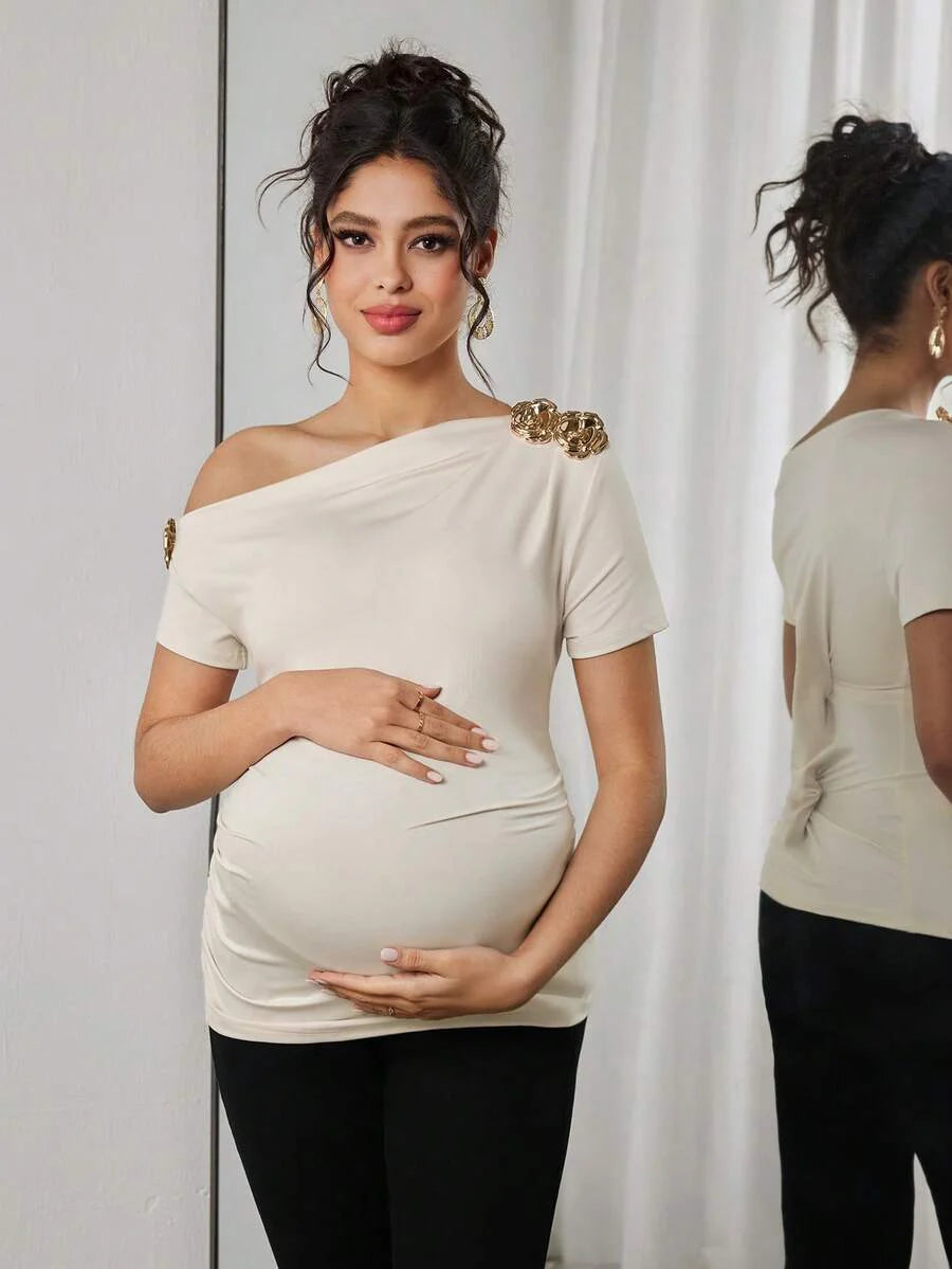 Maternity Rose Short Sleeve T-Shirt with Oblique Shoulder and Floral Embroidery Ruched Slim Fit Pregnancy Top in Apricot