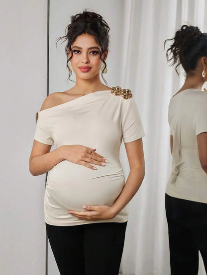 Maternity Rose Short Sleeve T-Shirt with Oblique Shoulder and Floral Embroidery Ruched Slim Fit Pregnancy Top in Apricot