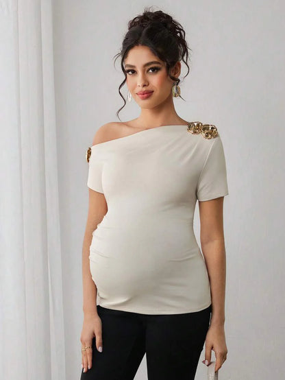 Maternity Rose Short Sleeve T-Shirt with Oblique Shoulder and Floral Embroidery Ruched Slim Fit Pregnancy Top in Apricot