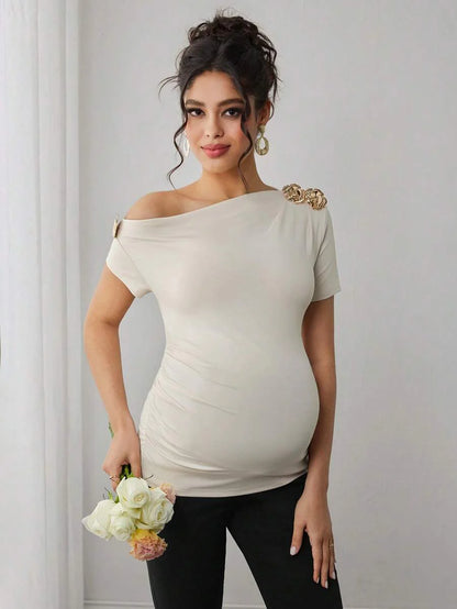 Maternity Rose Short Sleeve T-Shirt with Oblique Shoulder and Floral Embroidery Ruched Slim Fit Pregnancy Top in Apricot