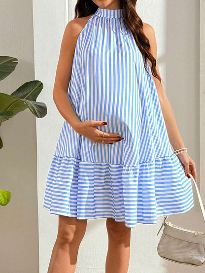 Maternity Striped Sleeveless Spaghetti Strap Flared Dress