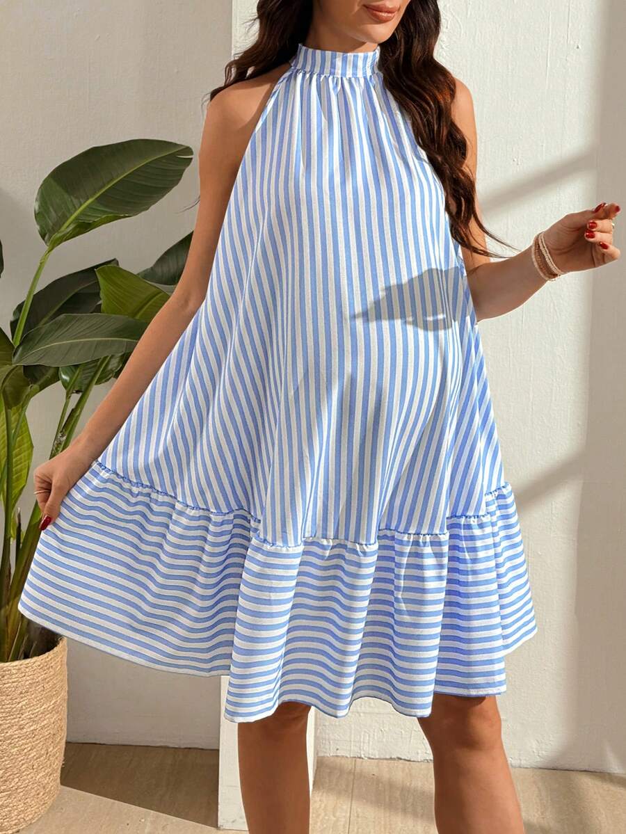 Maternity Striped Sleeveless Spaghetti Strap Flared Dress