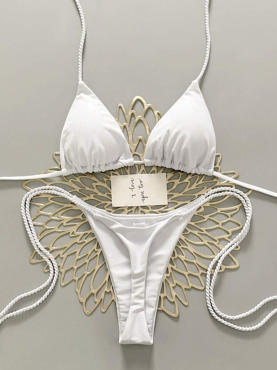 Swim Vcay 2pcs Women Apricot Bikini Swimwear Set, Handmade Rope Decor Swimwear Bikini Sets For Women Rouche Bathing Suit Bikini Alt